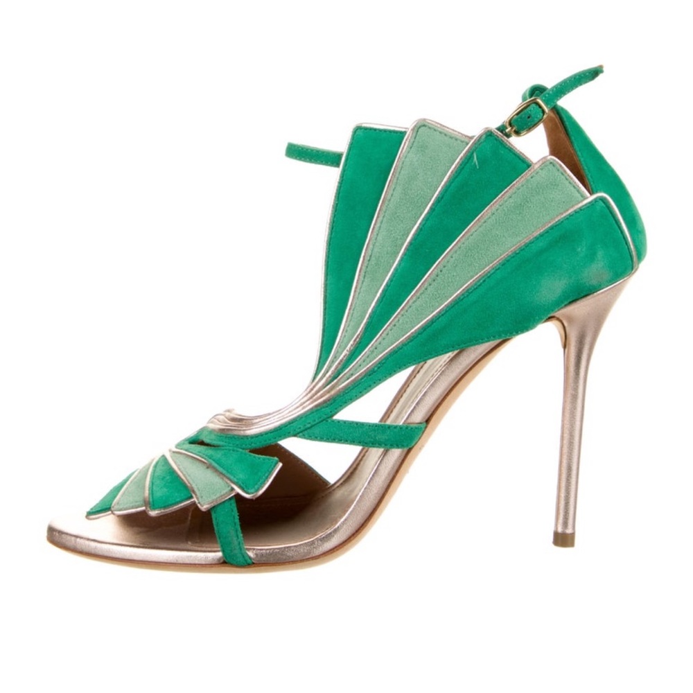 Malone Souliers Green and Metallic Gold Fan-Detail Stiletto Sandals